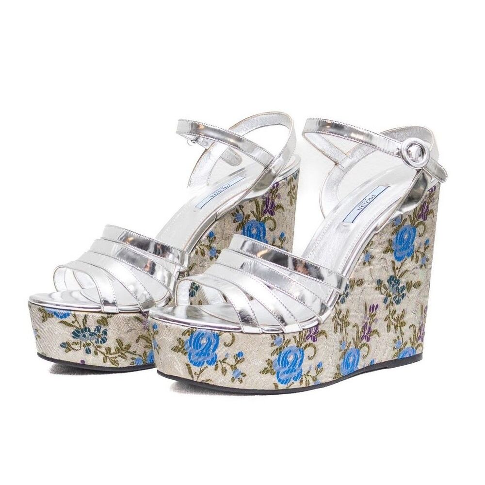 Prada Silver Brocade Platform Sandal 38